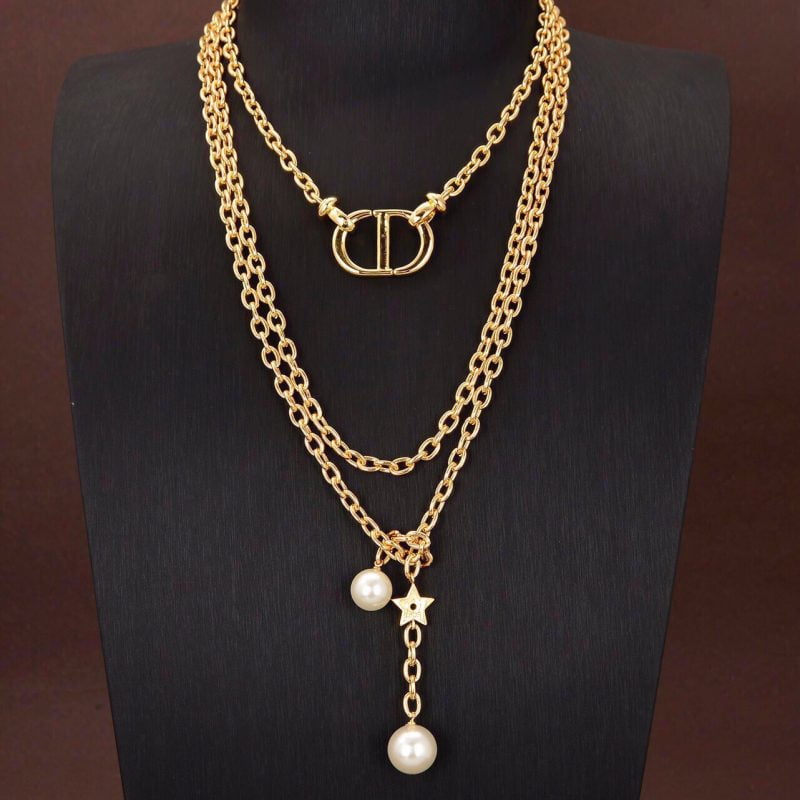 Double Chain Pearl Pendant Necklace